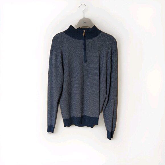 Peter Millar Sweater Mens M Blue White Striped Quarter Zip Mock Neck Sweater - Picture 1 of 7